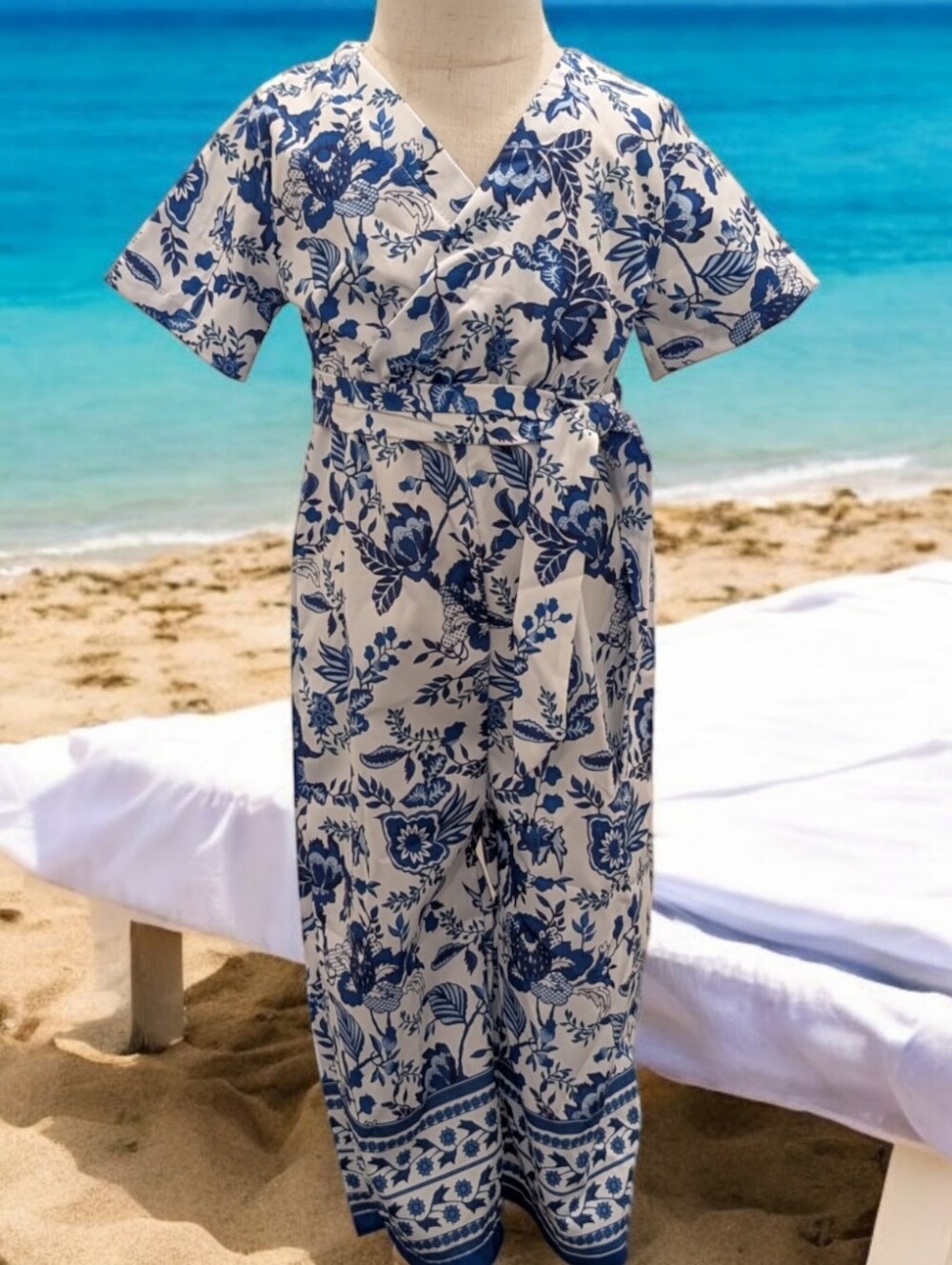 Blue & White Floral Wrap Jumpsuit
